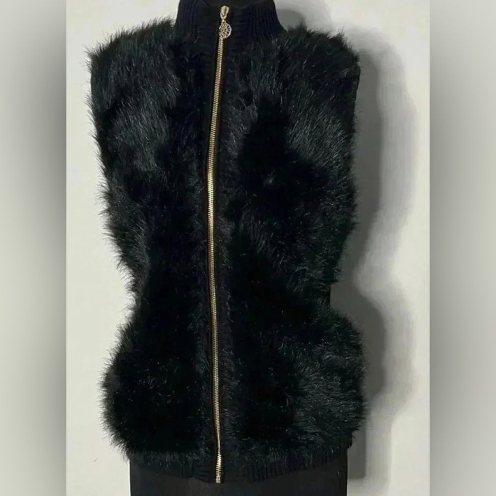 ‼️SOLD‼️Vintage Anne Klein Black Faux Fur Vest w/Knit Sweater Back-IMMACULATE!! - Picture 2 of 11